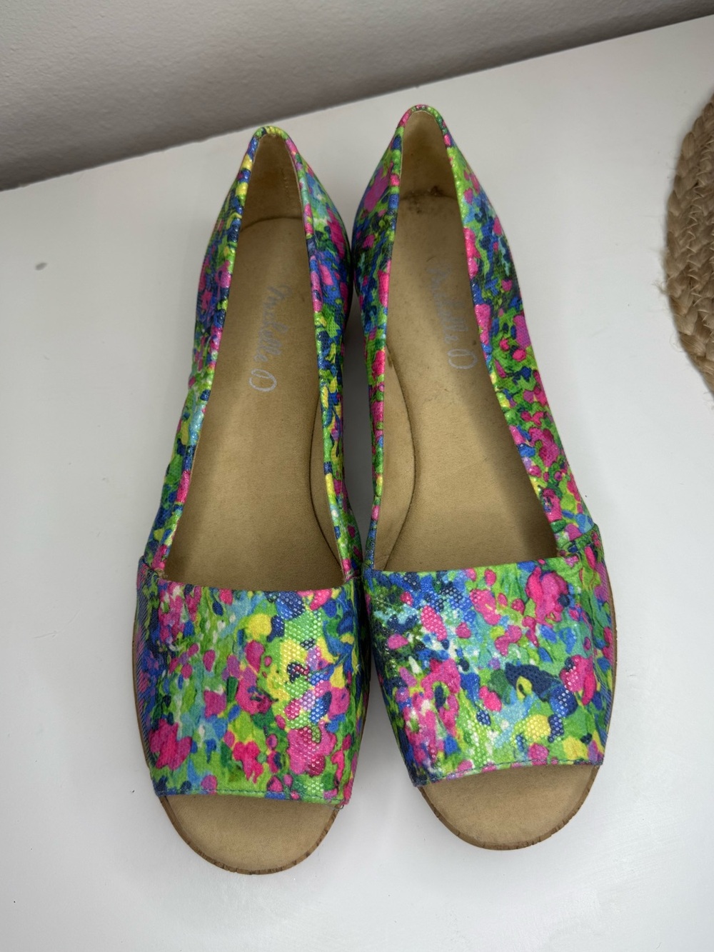 Michelle D Ellena Summer Floral Cork Wedge Peep Toe Shoes Women’s 10M watercolor